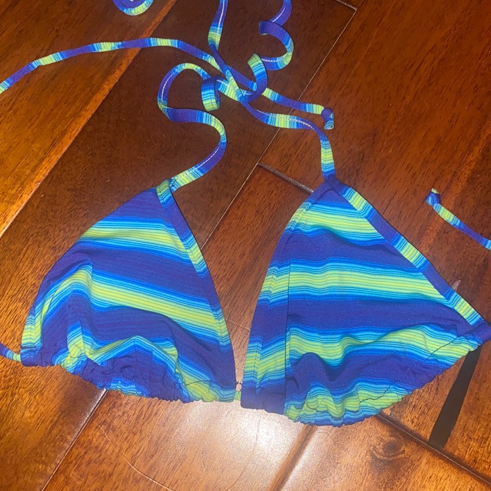 Stripped blue and green string bikini top